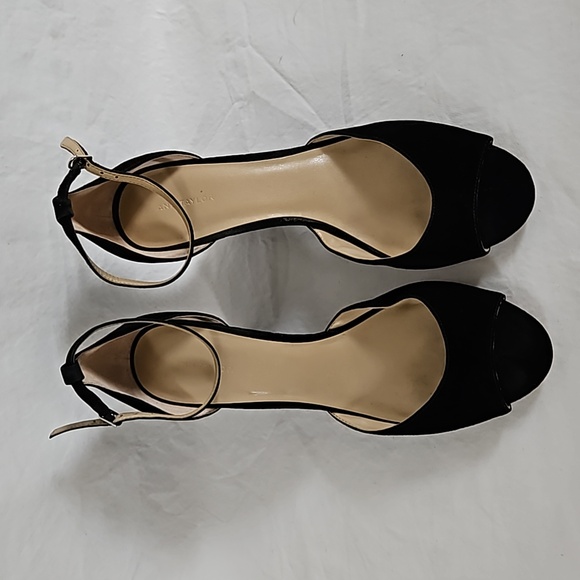 Ann Taylor Dagny Black Suede Peeptoe Ankle Strap Wedge Sandal Size 10 - Picture 2 of 10